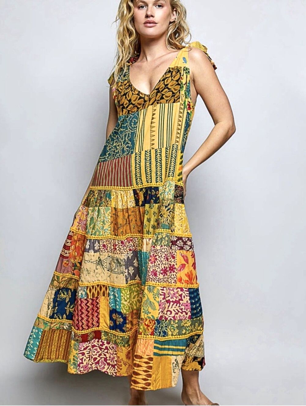 POL Patchwork Maxi Dress Sundress Yellow Boho Country Western M Cotton Mosaic